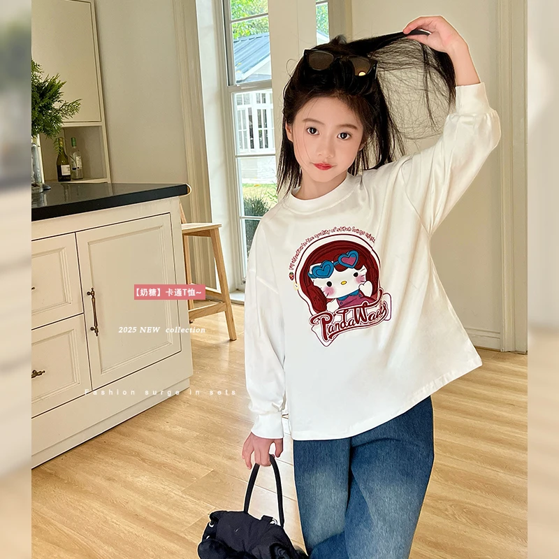 mini旦童装女童长袖t恤春季2025新款中大童简约洋气百搭卡通上衣