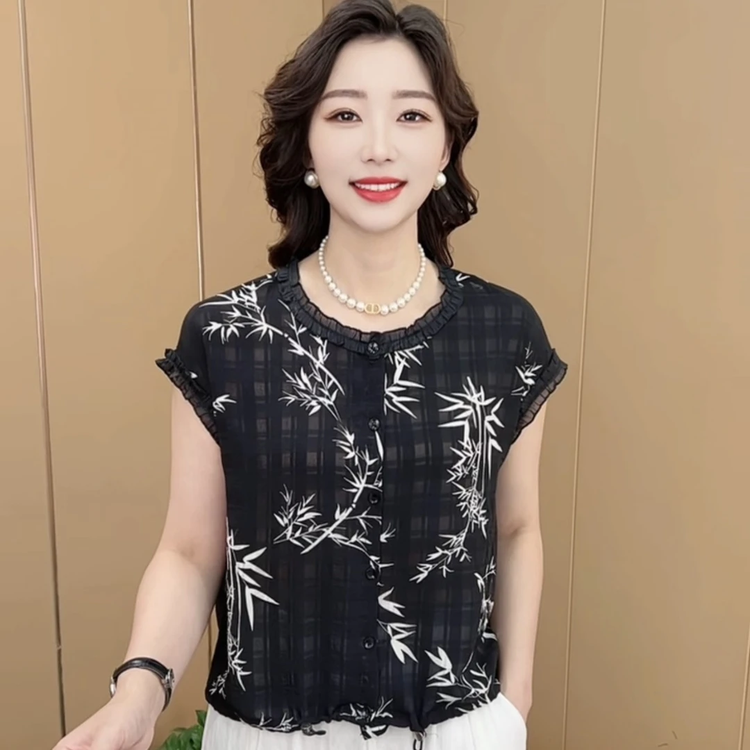 夏季新款时尚圆领木耳花边洋气妈妈装减龄百搭薄款短袖上衣K2675