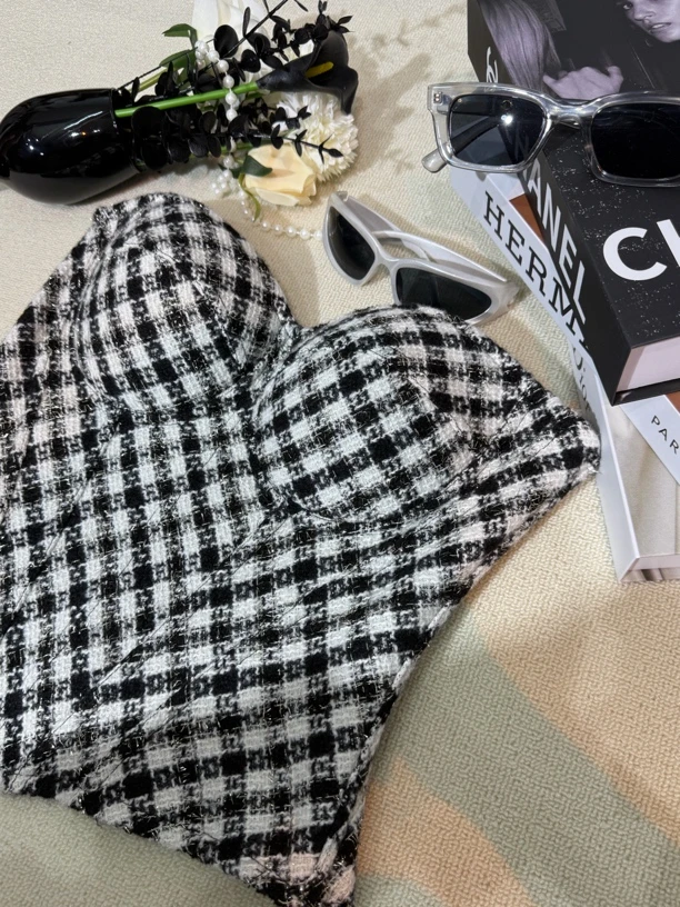 【千鸟格】金属丝格子百搭女士上衣高级感辣妹拼接鱼骨胸衣