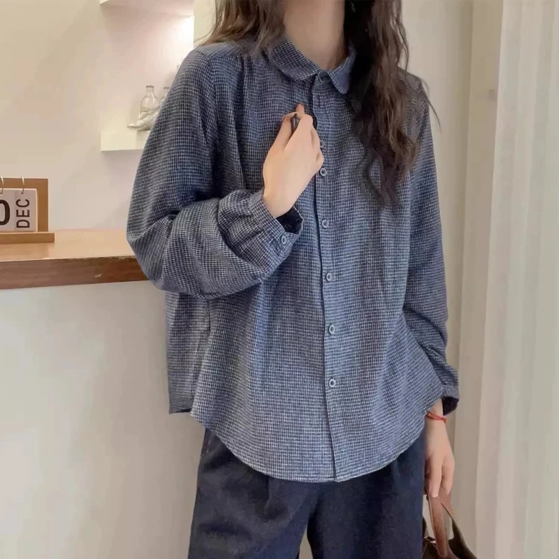 「复古小格子 高级感」磨毛衬衫女 春款百搭小众宽松气质衬衣S040