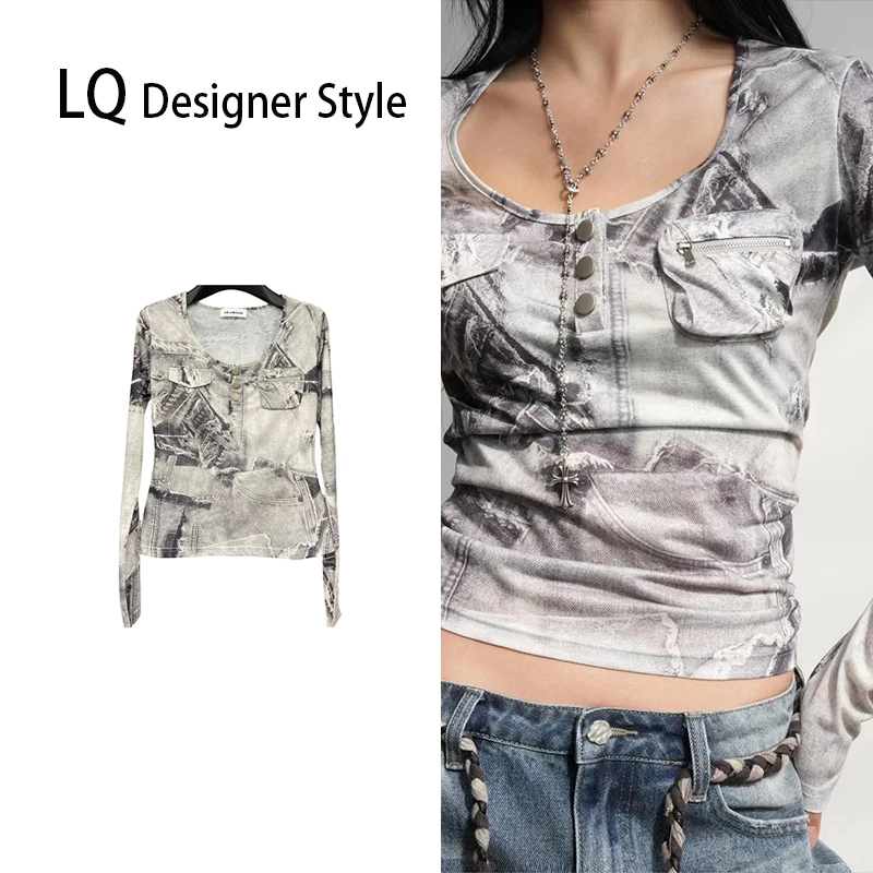 【Q-俏俏】25春款小众辣妹设计师款拼色水洗打底T恤衫03003