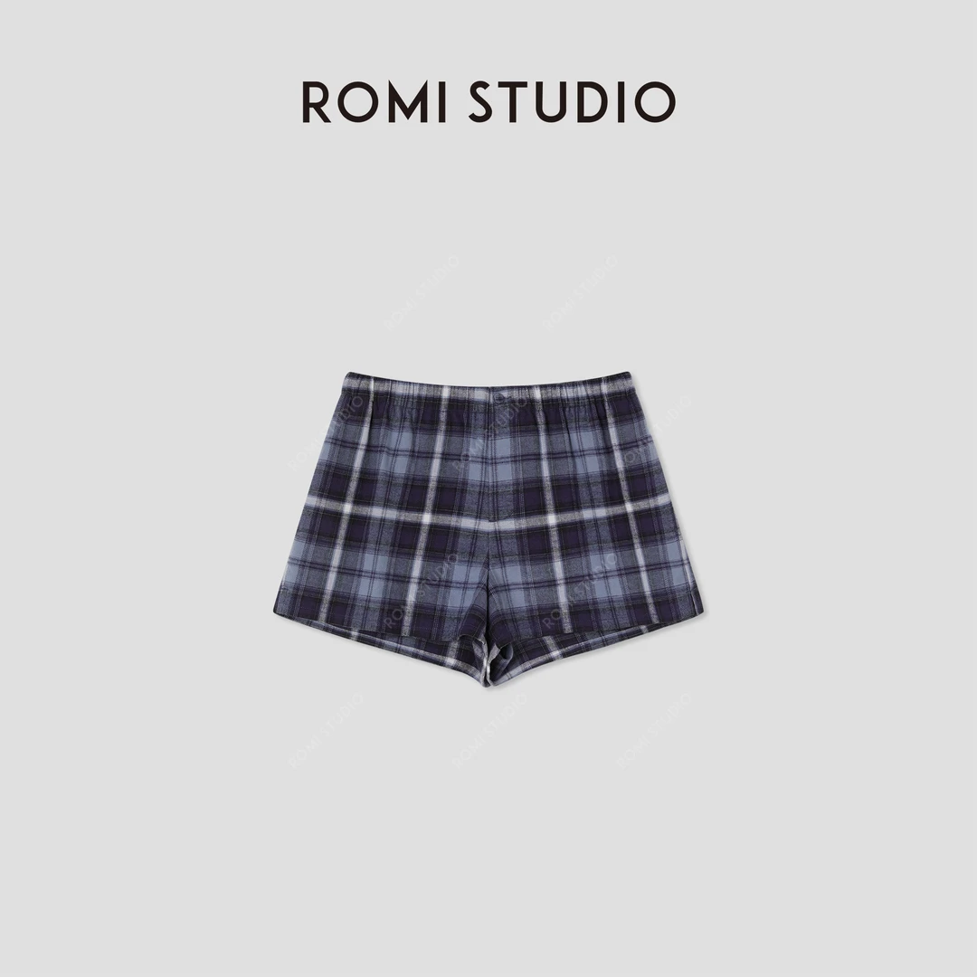 ROMI STUDIO“慵懒随性”长绒棉经典格纹松紧腰休闲短裤RW25SXY0129