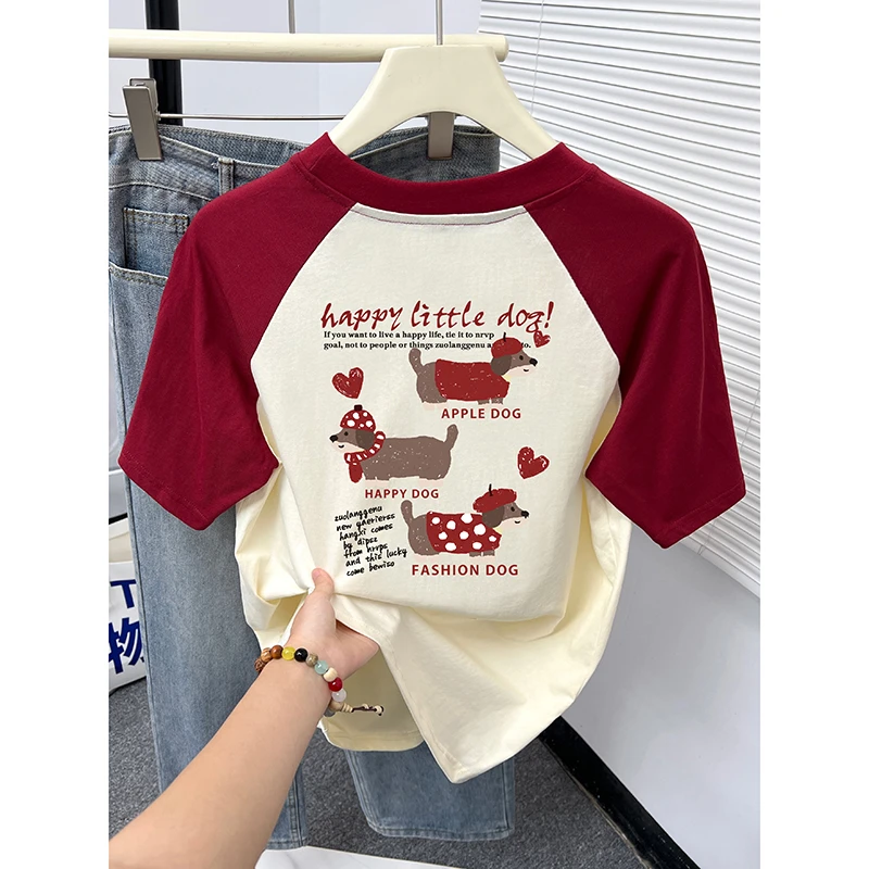 纯棉撞色短袖T恤女装春夏季2025新款宽松时尚设计感插肩袖上衣潮