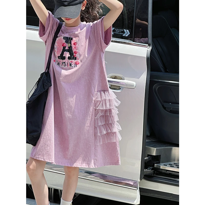 K29243扎染网纱女童连衣裙2025夏装新款儿童休闲短袖裙子A字长裙