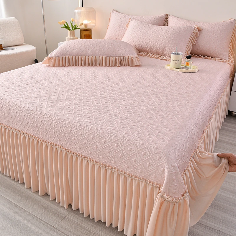 夏季高品质立体提花凉感加厚冰丝豆豆凉席三件套床裙款可机洗裸睡