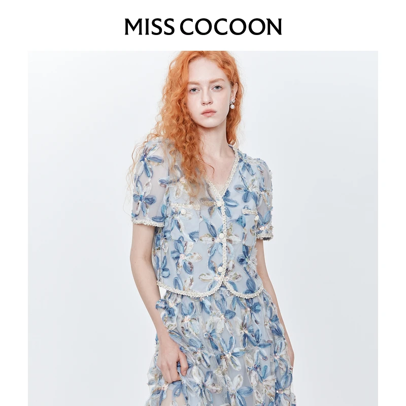 MISSCOCOON可可尼盘带绣短款小香风外套2025夏季新款泡泡袖上衣