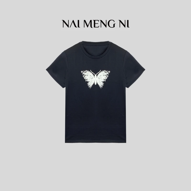 【火火】珠片立体蝴蝶刺绣闪片时尚女士圆领休闲短袖T恤26N112894