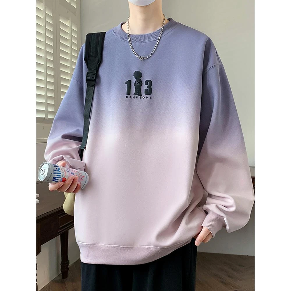 渐变色长袖t恤男2025秋季新款潮牌宽松圆领卫衣青少年休闲打底衫