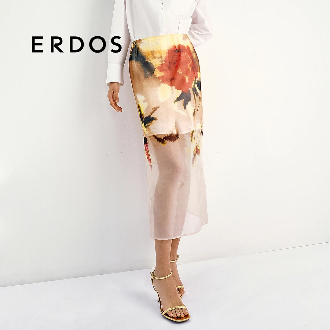 【商场同款新品】 ERDOS 大地渐变玫瑰花影桑蚕丝礼服直筒半裙
