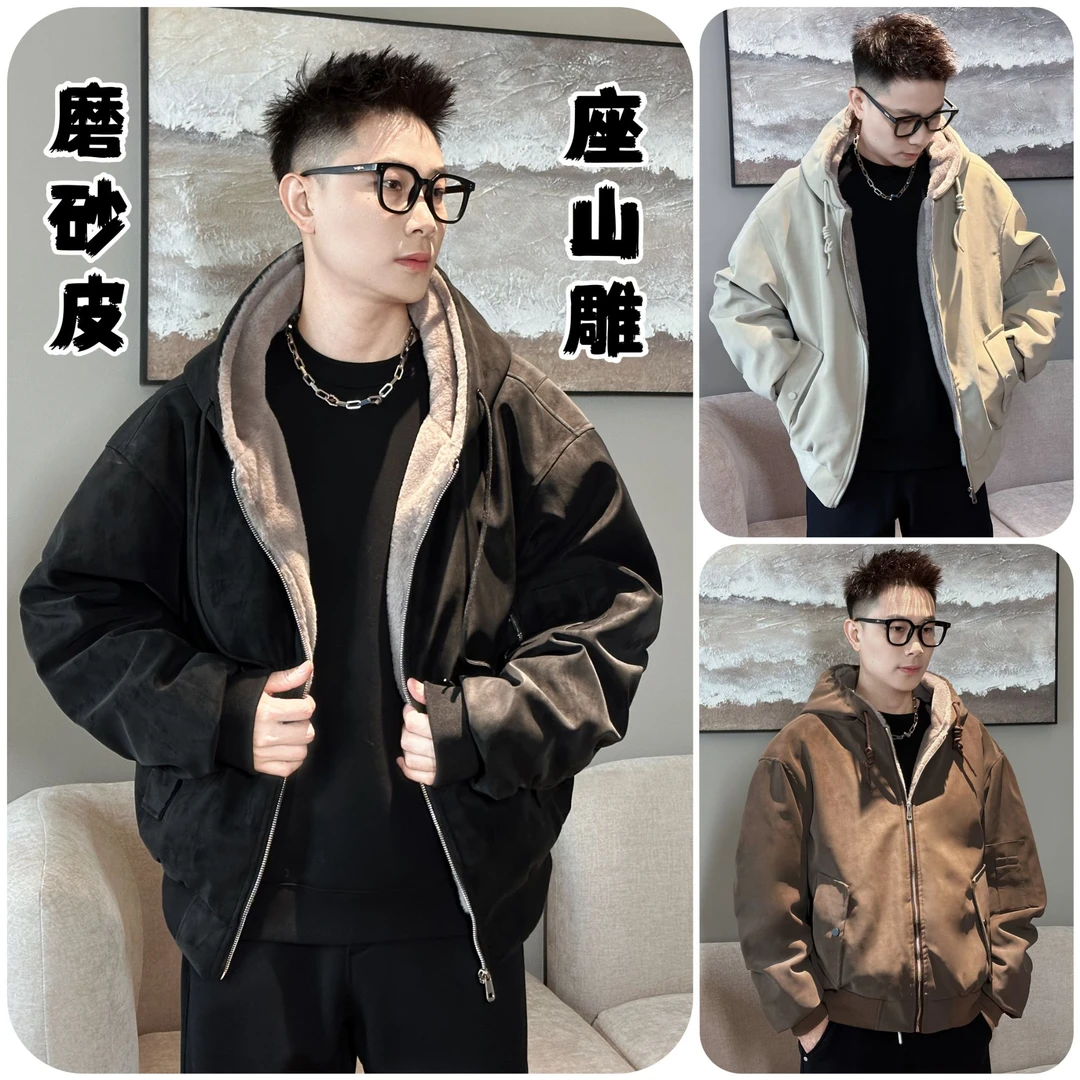 冬季潮流座山雕加绒外套宽松保暖磨砂皮衣加厚连帽情侣男女同款