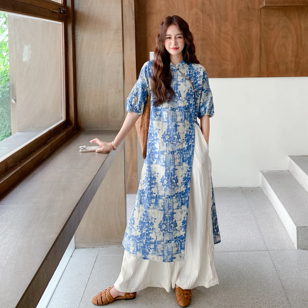 新中式风套装温柔气质巨好看蓝色碎花长款上衣休闲长裤子两件套