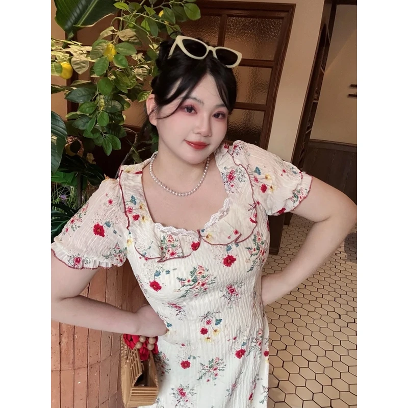 哒头.studio【蔷薇花事】微胖mm大码方领碎花连衣裙高腰泡泡袖显瘦