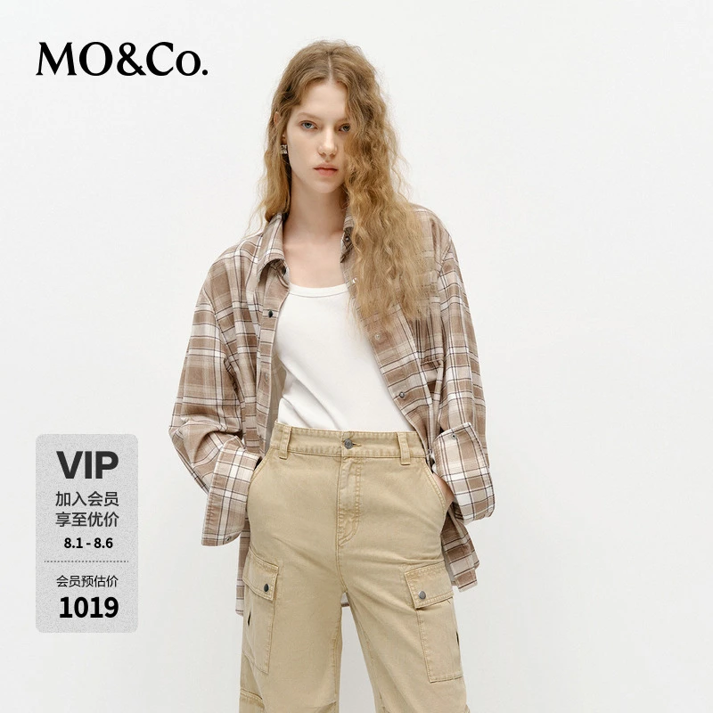 MOCO衬衫2025春新品怀旧洗水磨毛平绒卡其格纹棉质宽松MBE1SHT005