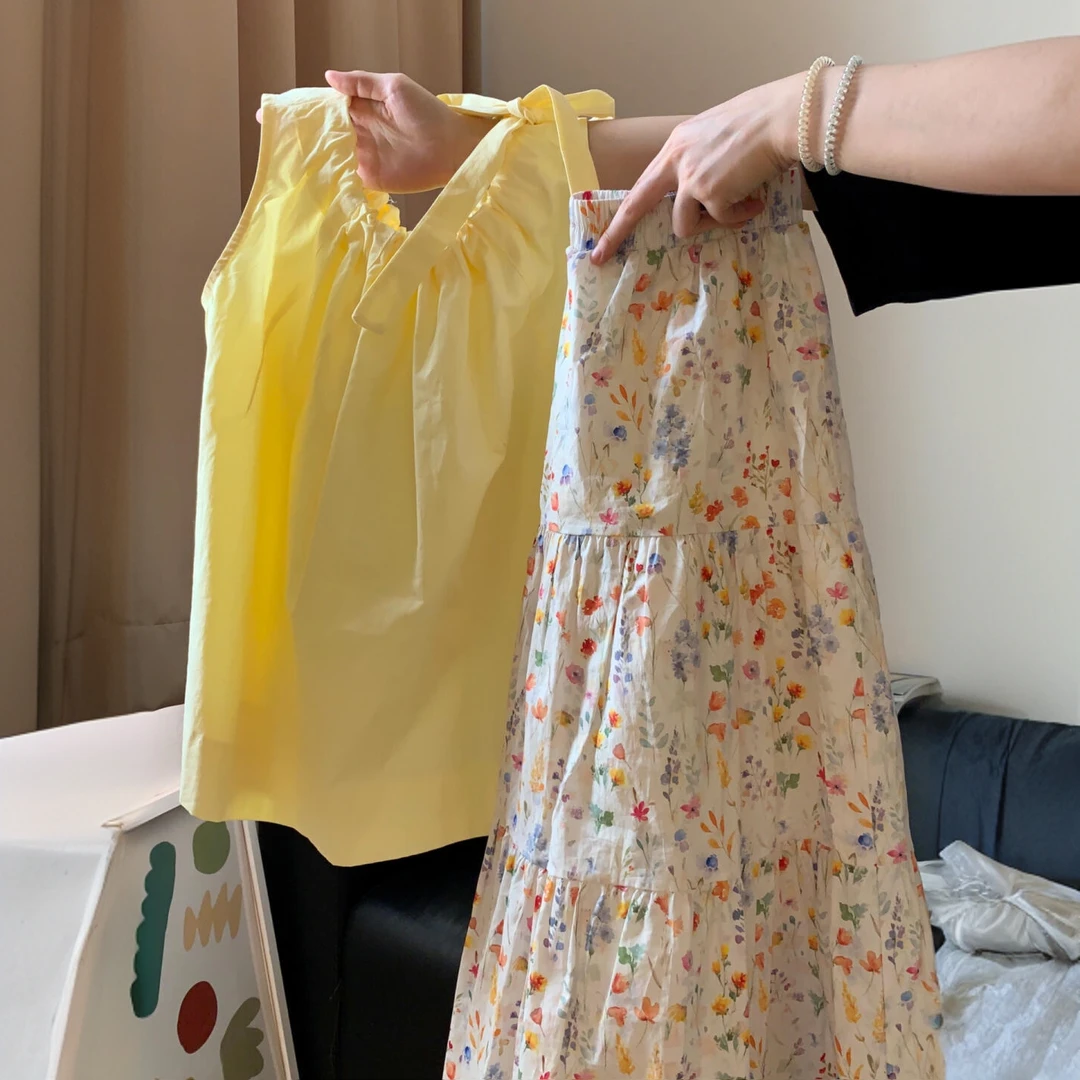韩系甜美休闲田园风嫩黄色无袖圆领背心碎花半身裙2025夏季新款女