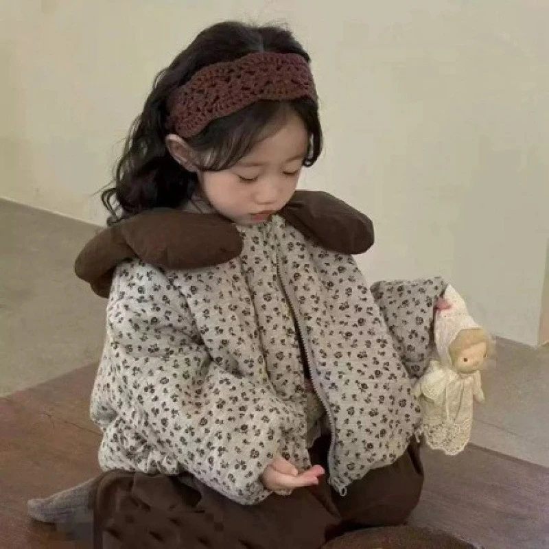 25秋冬款洋气女童夹棉外套儿童花瓣领碎花棉服女宝宝时髦保暖棉衣