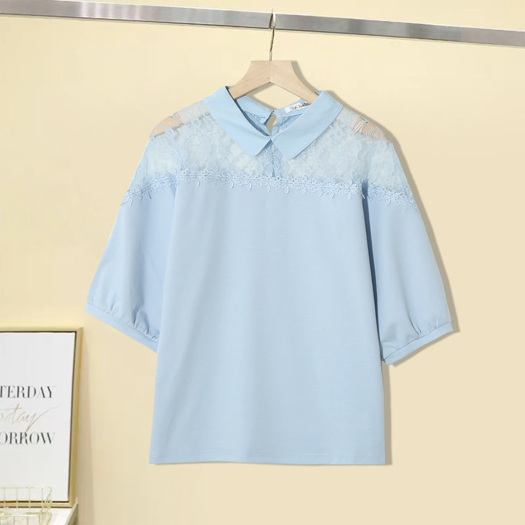 中袖气质轻熟风蕾丝拼接翻领百搭个性潮流减龄女时尚短袖T恤H582