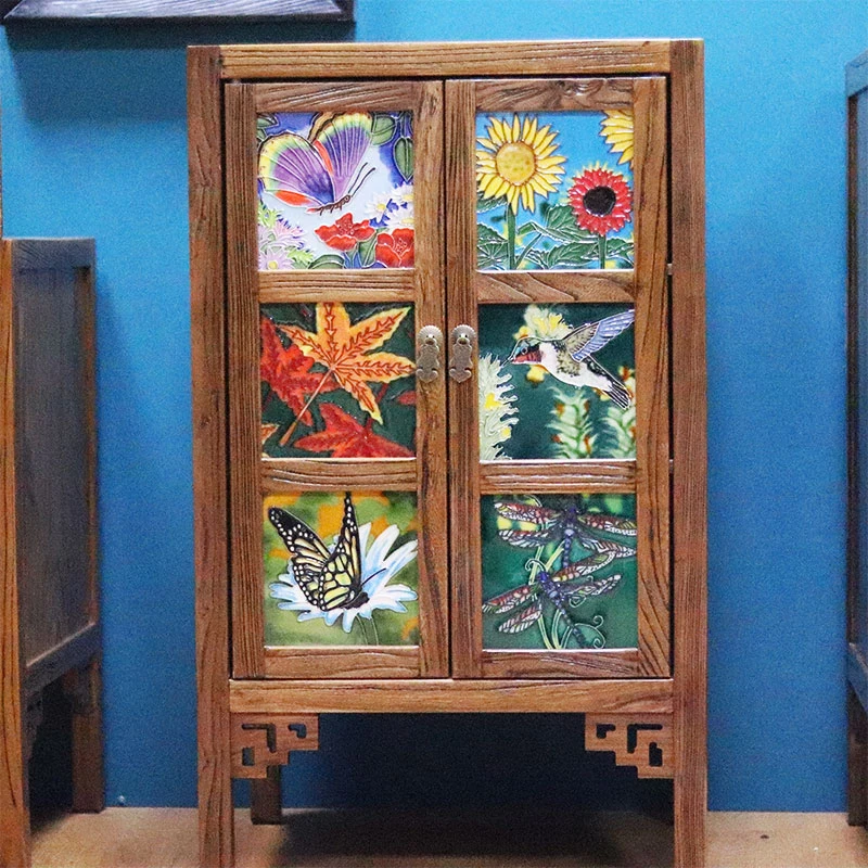 柜子老榆木多功能储物柜镶嵌瓷板画落地柜边角柜摆件