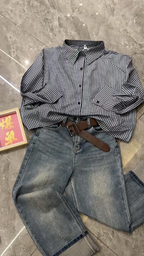 新款职业百搭修身格子长袖衬衫女士衬衣时尚翻领
