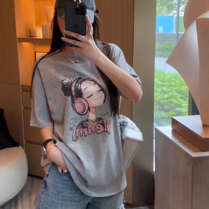 韩系设计感后背蕾丝拼接短袖T恤女夏季卡通印花休闲宽松上衣小衫