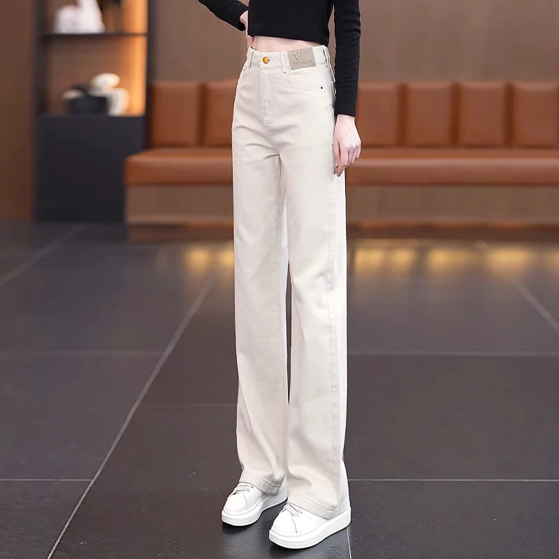 拉夏贝尔米白色软牛仔直筒裤女2025新款夏季爆款舒适休闲窄版裤子