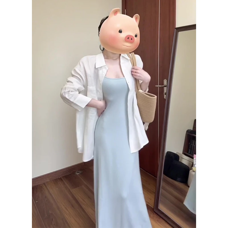 2025秋季新款女韩系穿搭宽松百搭衬衫开衫气质收腰显瘦吊带连衣裙