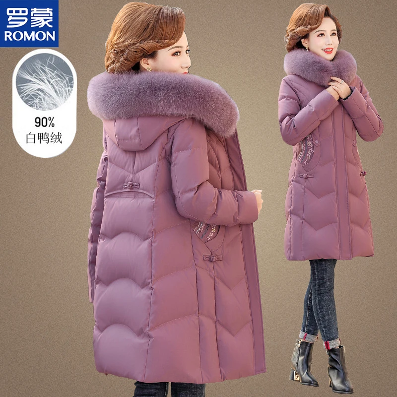 罗蒙名牌妈妈冬装羽绒服中长款奶奶2025年新款中老年人加厚外套女