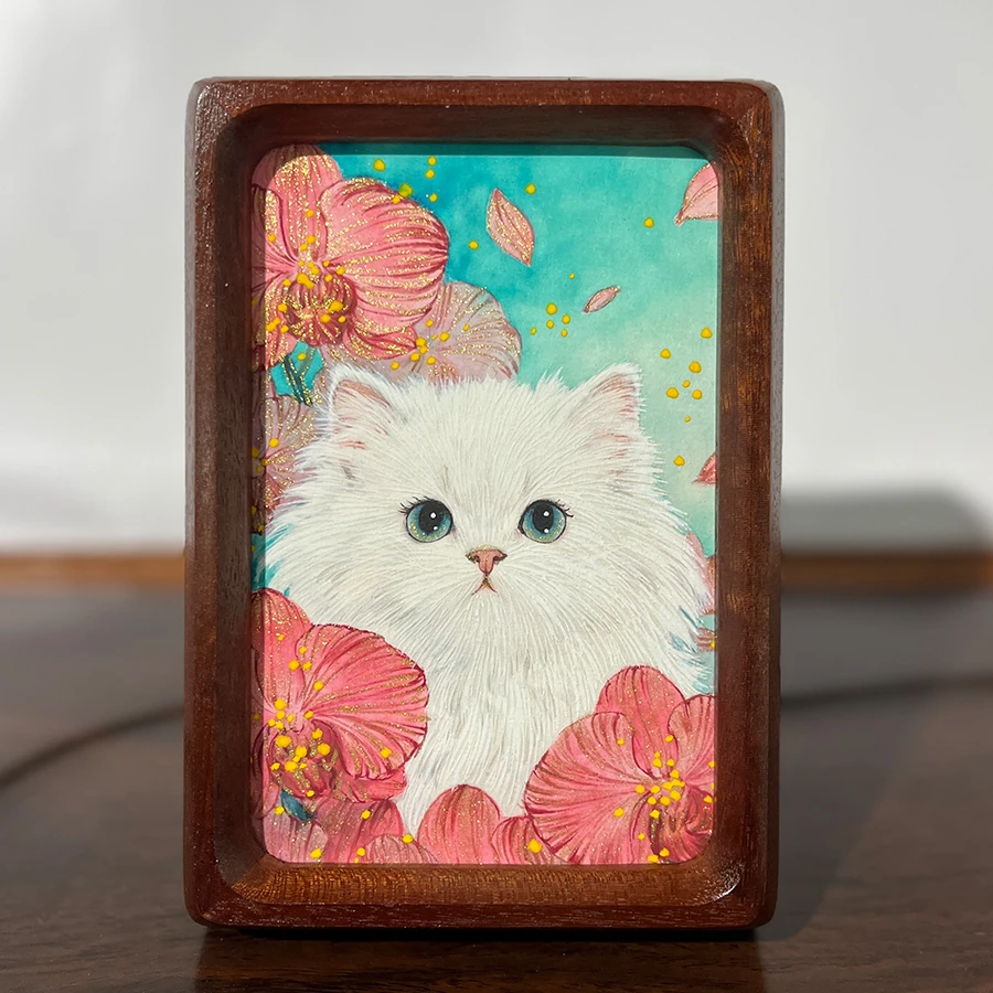 【蝴蝶兰白猫】6纯手绘国风治愈茶室玄关办公室新年氛围伴手礼国画