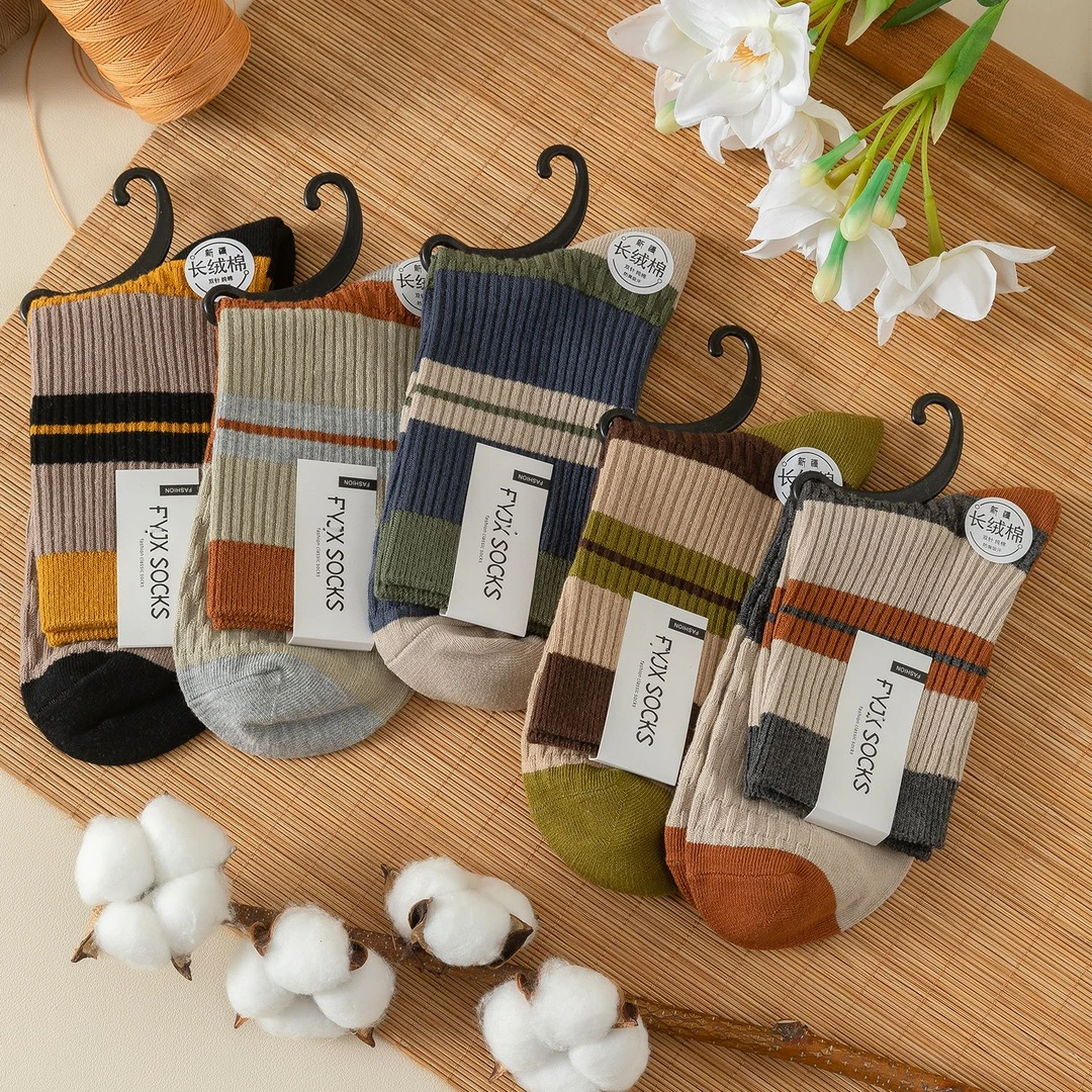 双针拼色袜子男士中筒袜棉袜秋冬季长筒吸汗透气防臭精梳棉条纹