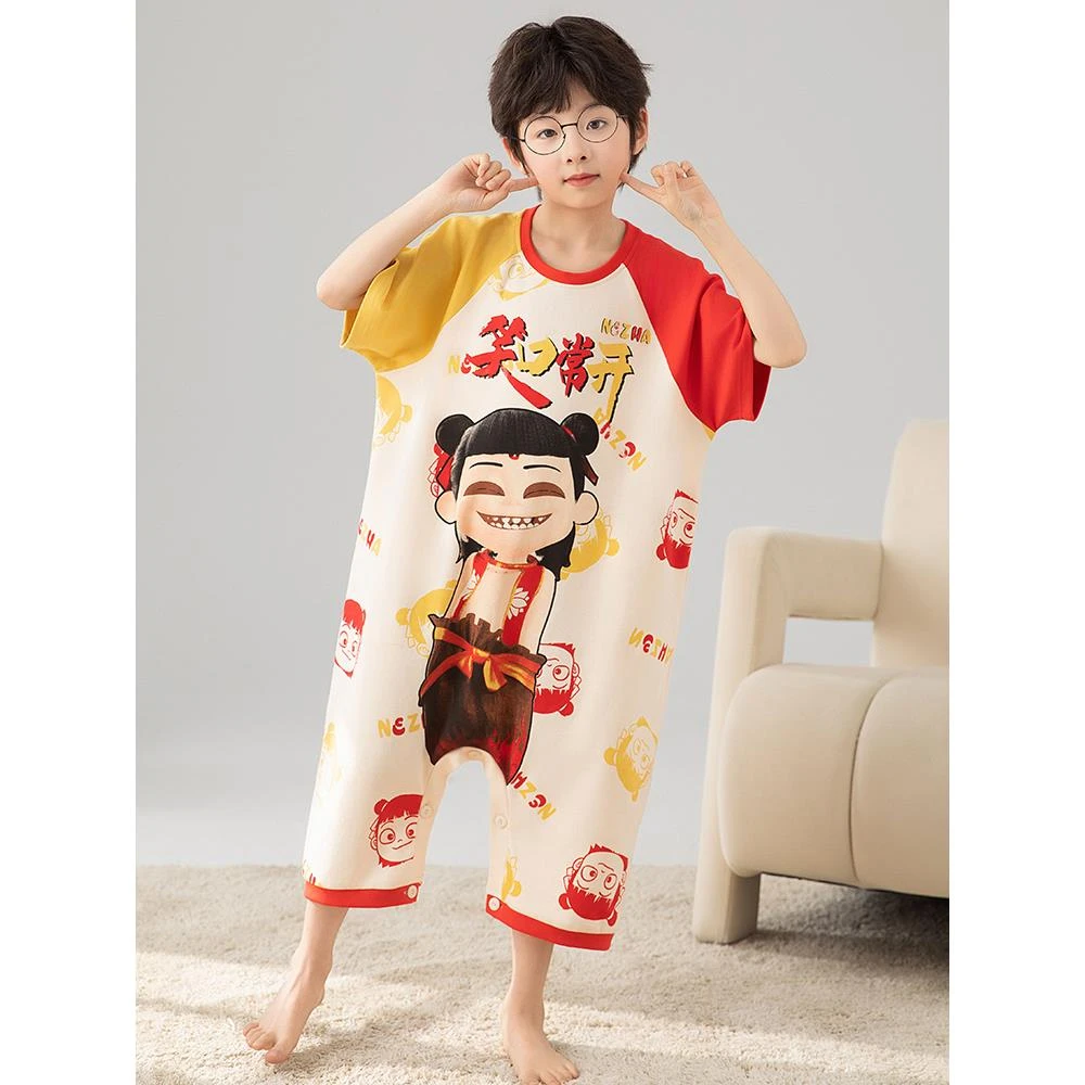 男童睡衣短袖纯棉连体衣夏季薄款中大童哪吒儿童宝宝防踢被家居服