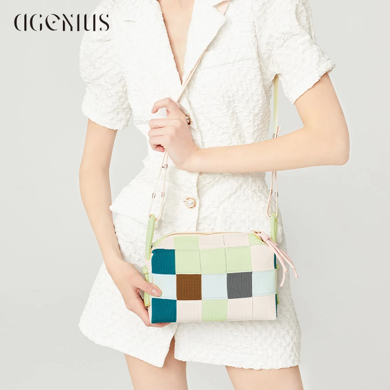 DGENIUS原创斜挎包包女士2025新款撞色编织单肩包质感通勤小方包