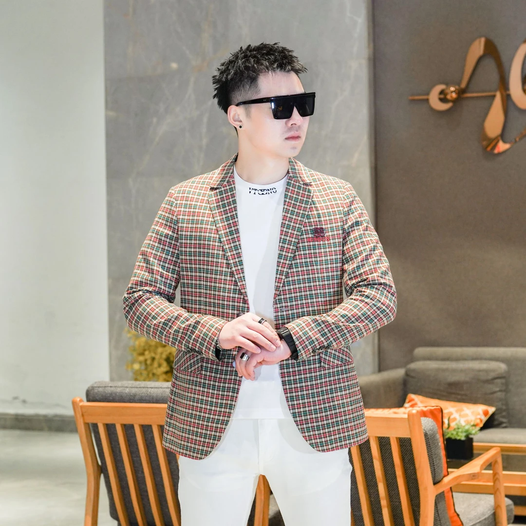 AK/2025春秋新款男款西服高级格子刺绣休闲时尚潮流男士西服外套