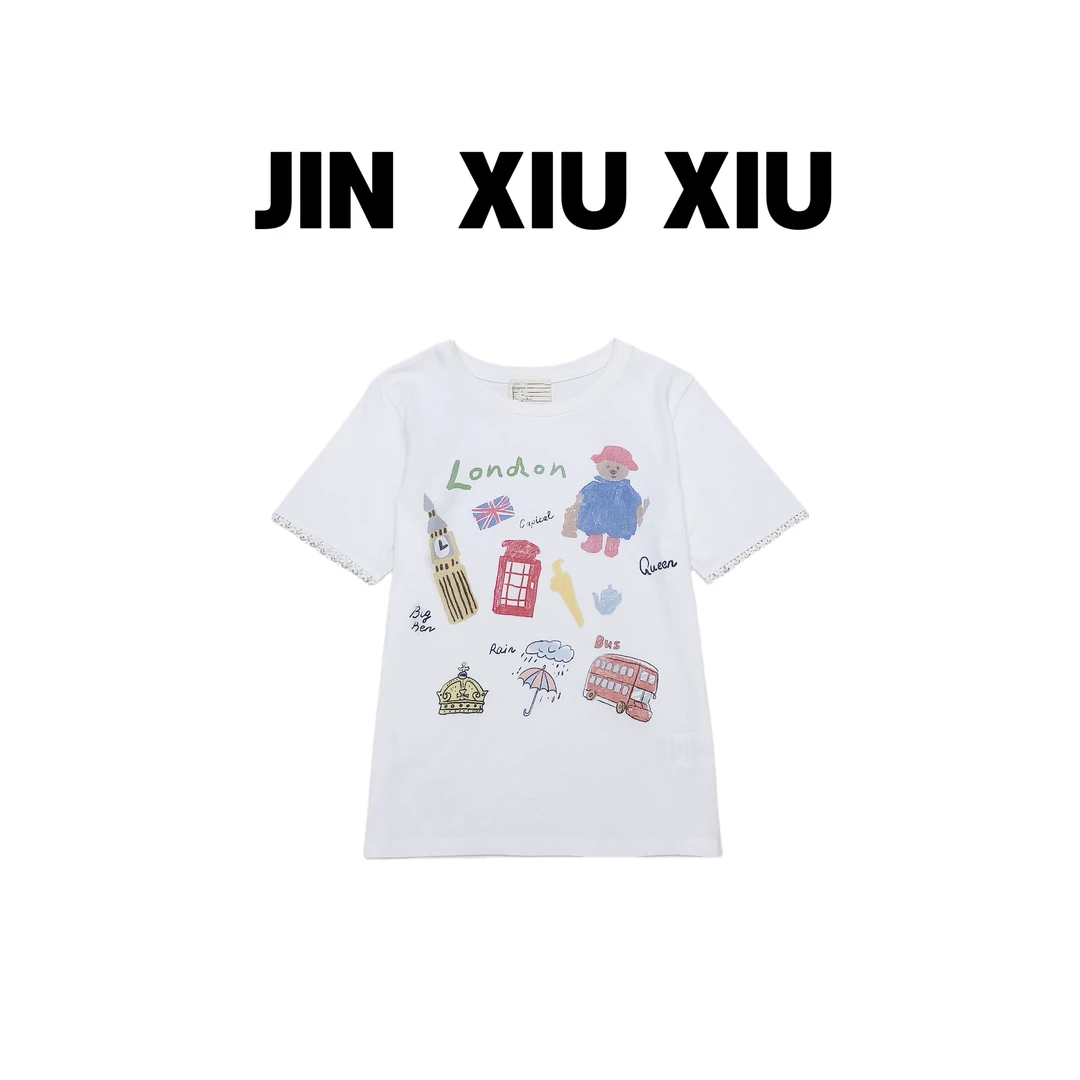 JINXIUXIU    春夏新款卡通小熊花边袖韩系甜美短袖T恤 584