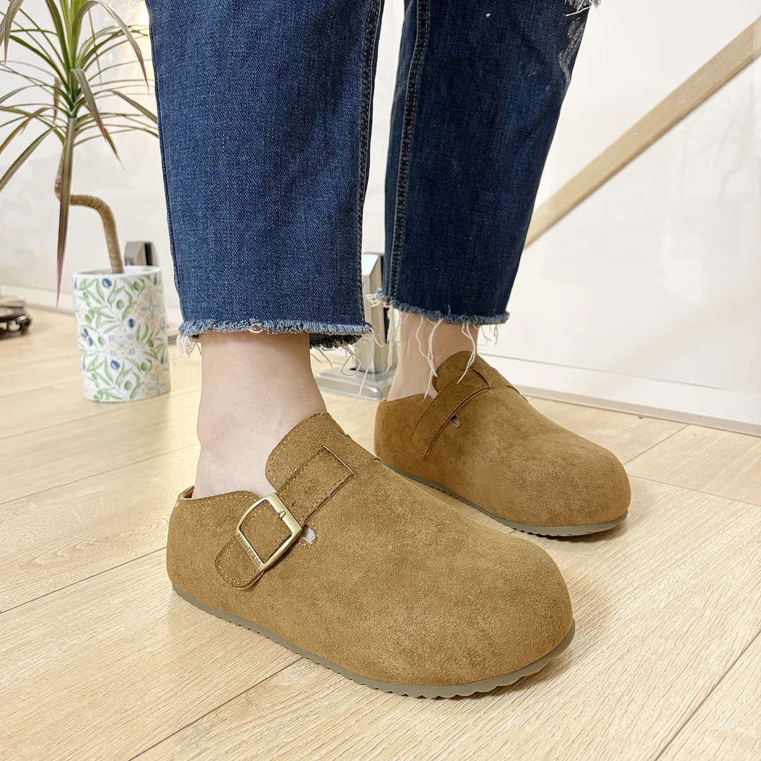 勃肯鞋新款厚底复古秋冬加绒内增高一脚蹬包头半拖鞋内增高豆豆鞋