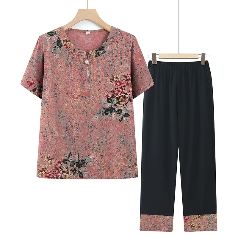 新款妈妈夏装洋气短袖T恤套装中老年女装奶奶薄款显瘦上衣老年装