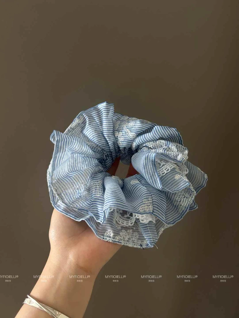 「MyFioielli｣清新蓝色刺绣格子蕾丝发圈FQ134