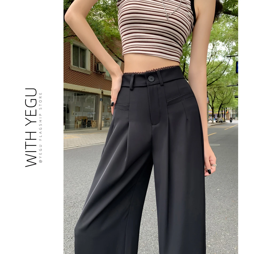 法式黑色蕾丝拼接西装裤女夏季薄款宽松防晒阔腿裤垂感窄版休闲裤