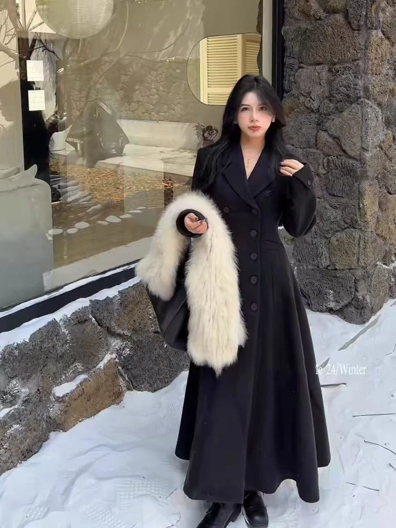 『加棉』1双排扣长款毛呢外套女2024冬季新款赫本风气质收腰大衣
