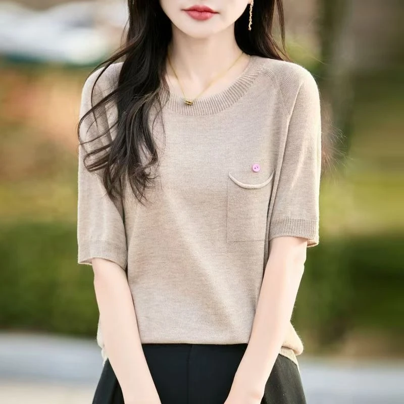一线成衣圆领针织短袖女薄款精纺羊毛打底衫带兜半袖T恤新款上衣