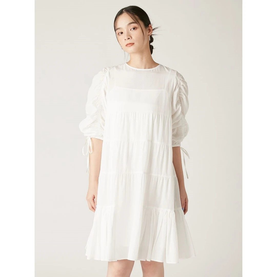 【表姐家】 春季新款 F  优雅袖子收拢褶皱分层轮廓中长连衣裙