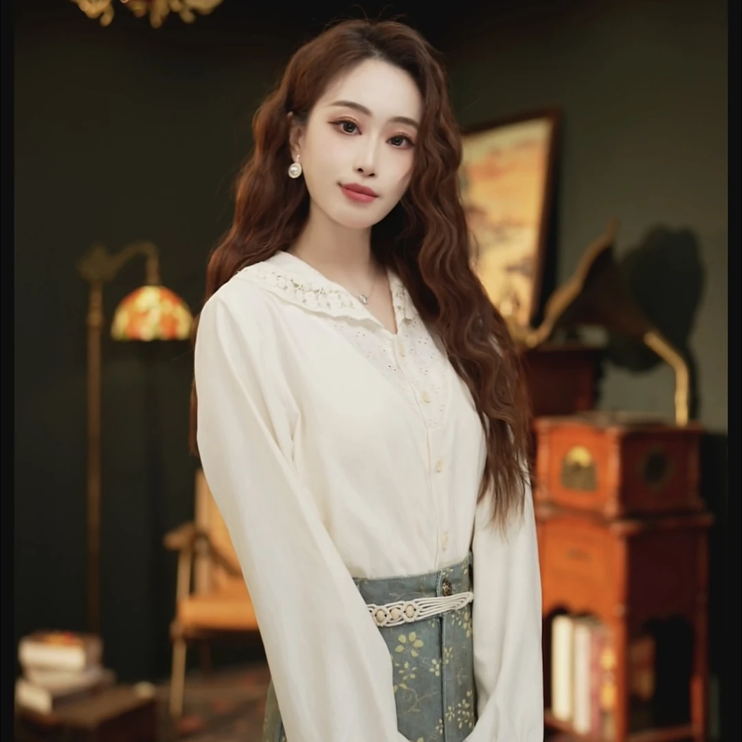 慧慧【海岛时光】港风复古纯色长袖衬衫宽松百搭上衣YS1224003