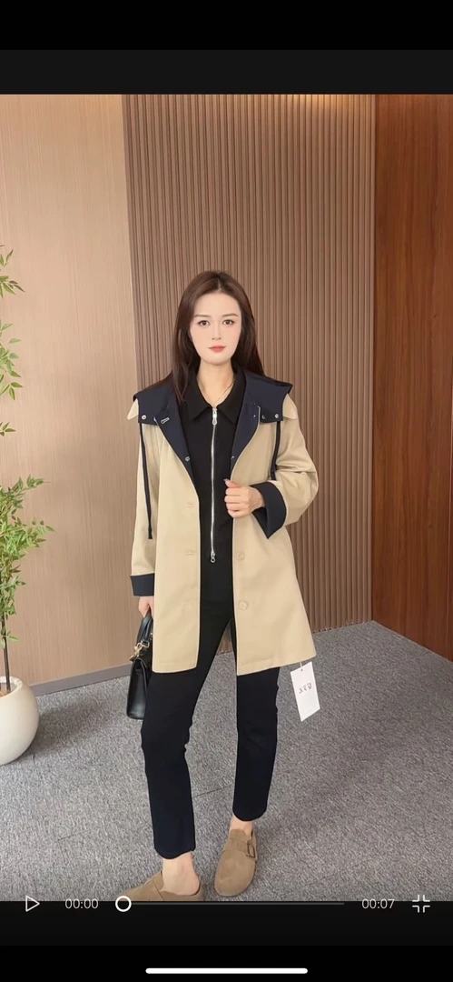 25838#高级感风衣外套女中长款2025秋季新款英伦风连帽小个子风衣