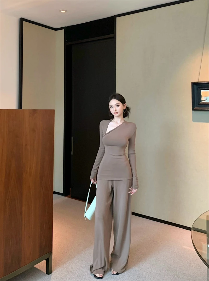 新款设计感不规则领针织气质长袖套装女春季纯色两件套#22705显瘦