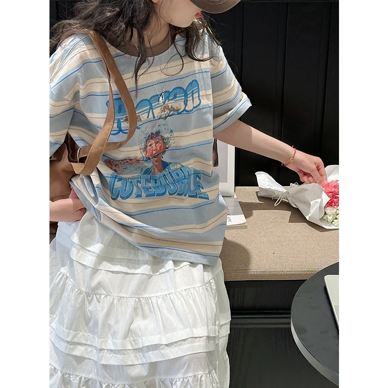 K28647复古画报女童条纹短袖T恤儿童宽松上衣2025新款休闲半袖潮t