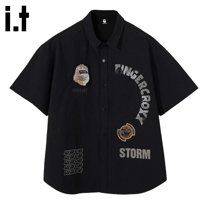 it FINGERCROXX短袖衬衫男2025新款魔术贴寸衫夏季潮牌古巴领衬衣