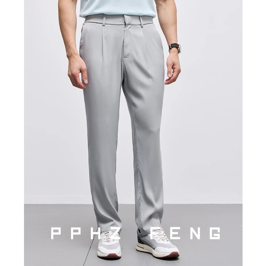 舒适难忘 吸湿垂坠66%铜氨丝 冰丝松紧腰夏季商务直筒休闲裤子男