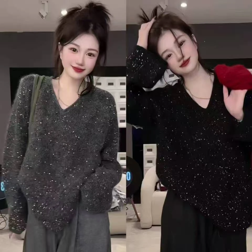 毛衣新年女装高级感v领重工细闪亮片毛衣女洋髦百搭宽松针织衫