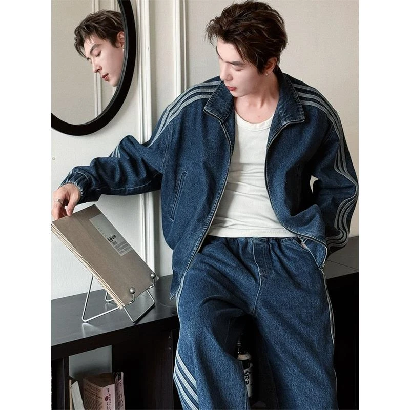 复古水洗蓝牛仔套装男秋季韩系穿搭潮牌宽松休闲运动两件套