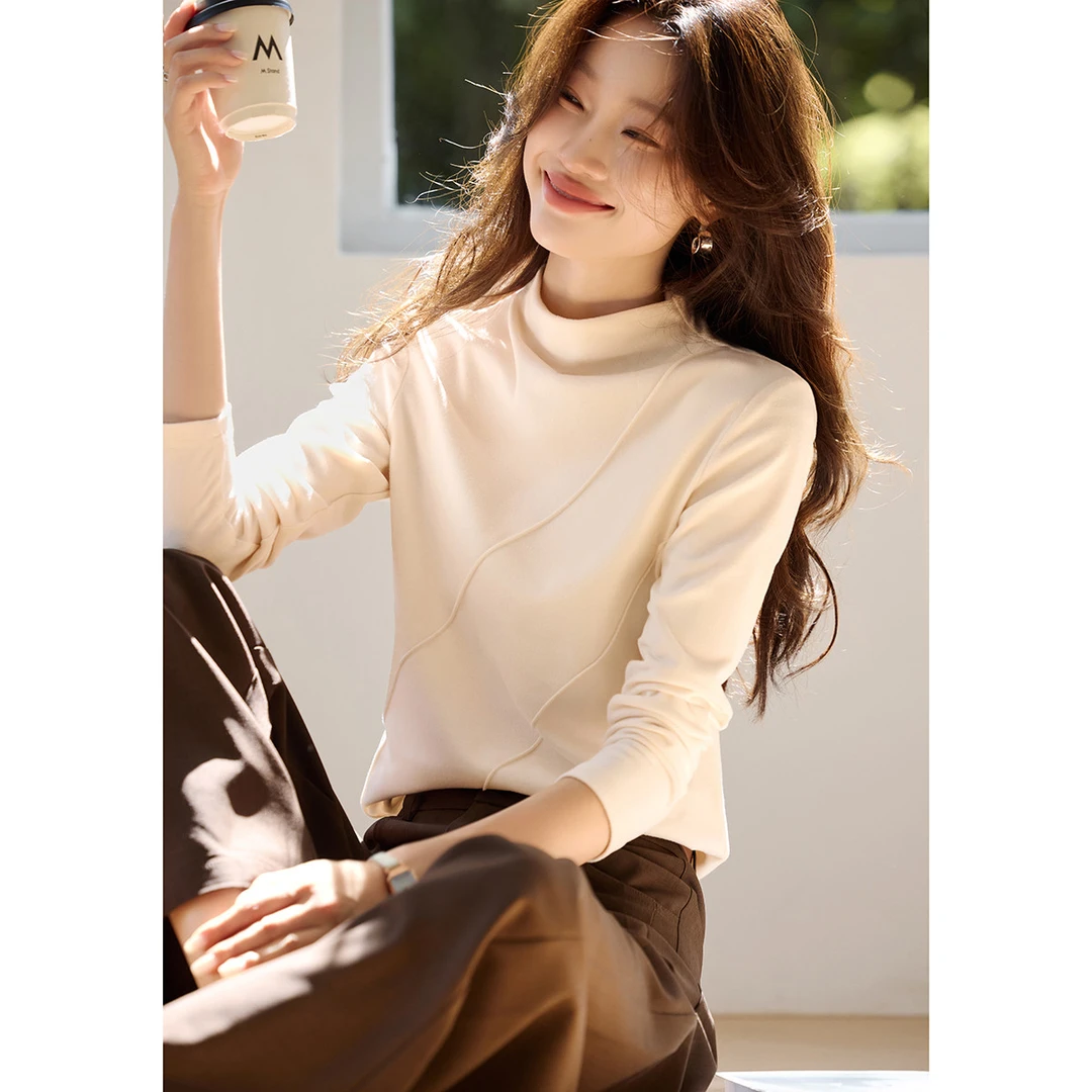 沫晗依美｜【基础半高领分割设计亲肤磨毛打底衫】秋季款不规则打