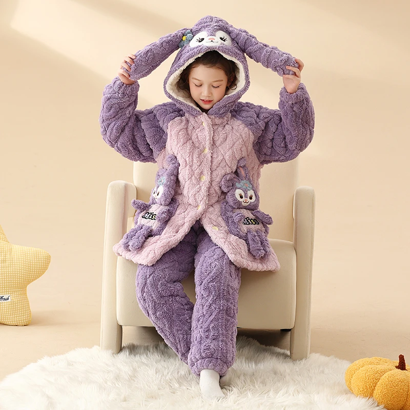 儿童冬季法兰绒睡衣女童珊瑚绒三层夹棉加厚款女孩冬天卡通家居服