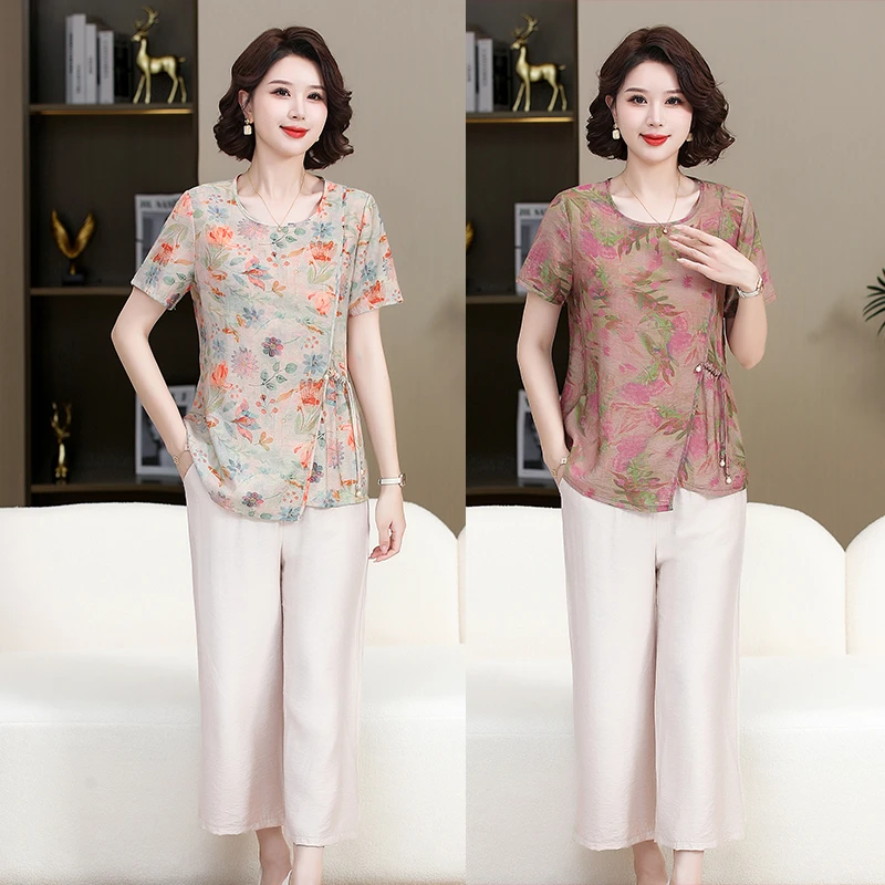 【套装】洋气妈妈2025新款休闲印花短袖中老年女装宽松显瘦两件套